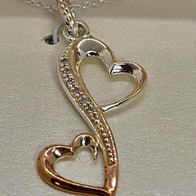 LOT 7:: Two tone Diamond Entwined Heart LOVE Necklace Sterling Silver Great gift New in Box