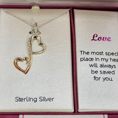 LOT 7:: Two tone Diamond Entwined Heart LOVE Necklace Sterling Silver Great gift New in Box