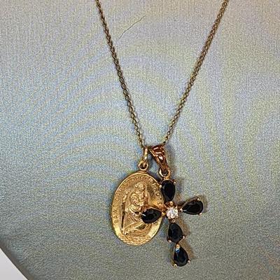 LOT 11:: Vintage 12k Gold filled Saint Christopher Medal, Gold Vermeil 925 Silver CZ Cross on 20" L Goldtone chain