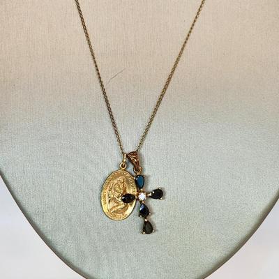 LOT 11:: Vintage 12k Gold filled Saint Christopher Medal, Gold Vermeil 925 Silver CZ Cross on 20" L Goldtone chain