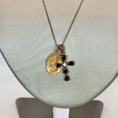 LOT 11:: Vintage 12k Gold filled Saint Christopher Medal, Gold Vermeil 925 Silver CZ Cross on 20" L Goldtone chain