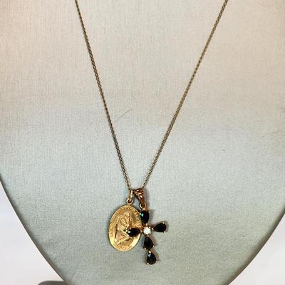 LOT 11:: Vintage 12k Gold filled Saint Christopher Medal, Gold Vermeil 925 Silver CZ Cross on 20" L Goldtone chain