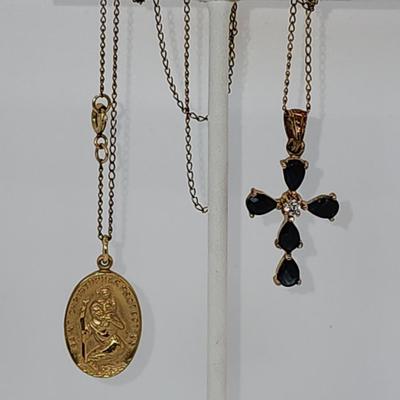 LOT 11:: Vintage 12k Gold filled Saint Christopher Medal, Gold Vermeil 925 Silver CZ Cross on 20" L Goldtone chain
