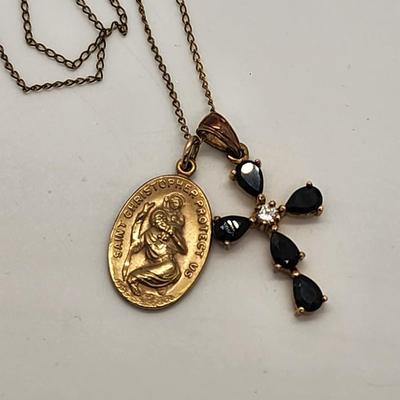 LOT 11:: Vintage 12k Gold filled Saint Christopher Medal, Gold Vermeil 925 Silver CZ Cross on 20" L Goldtone chain