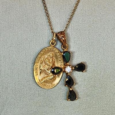 LOT 11:: Vintage 12k Gold filled Saint Christopher Medal, Gold Vermeil 925 Silver CZ Cross on 20" L Goldtone chain