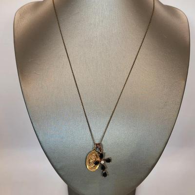 LOT 11:: Vintage 12k Gold filled Saint Christopher Medal, Gold Vermeil 925 Silver CZ Cross on 20" L Goldtone chain