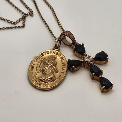LOT 11:: Vintage 12k Gold filled Saint Christopher Medal, Gold Vermeil 925 Silver CZ Cross on 20" L Goldtone chain