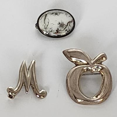 LOT 12 :: Vintage Sterling Pins- Asian hand painted porcelain and more