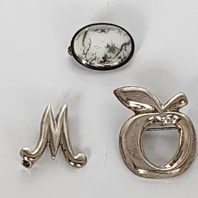 LOT 12 :: Vintage Sterling Pins- Asian hand painted porcelain and more