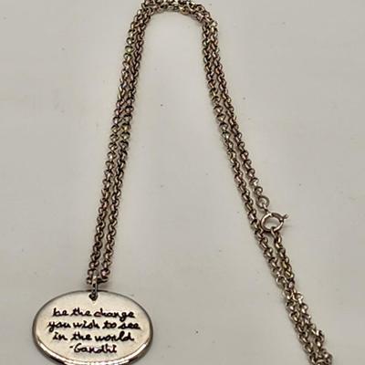 LOT 13:: Two Sterling Silver Pendant Necklaces- Teardrop Turquoise and "Be the Change" Gandhi Quote 15gtw Both chains 18"L
