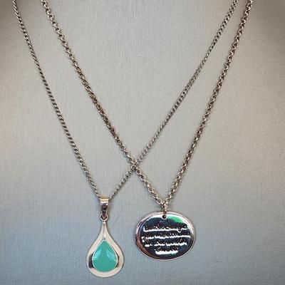 LOT 13:: Two Sterling Silver Pendant Necklaces- Teardrop Turquoise and "Be the Change" Gandhi Quote 15gtw Both chains 18"L