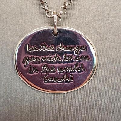 LOT 13:: Two Sterling Silver Pendant Necklaces- Teardrop Turquoise and "Be the Change" Gandhi Quote 15gtw Both chains 18"L