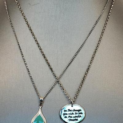 LOT 13:: Two Sterling Silver Pendant Necklaces- Teardrop Turquoise and "Be the Change" Gandhi Quote 15gtw Both chains 18"L