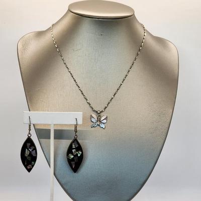 LOT 14:: 925 Italy Twisted Silver chain 17.5" L with 925 Mother of Pearl Pendant and Pair of Abolone and Black Coral Pierced Earrings