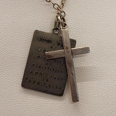 LOT 15:: Vintage Sterling 24"L Chain with Sterling Cross and Unmarked Jesus Jubilee Medal 1933-1934Medal
