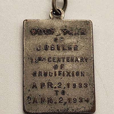 LOT 15:: Vintage Sterling 24"L Chain with Sterling Cross and Unmarked Jesus Jubilee Medal 1933-1934Medal
