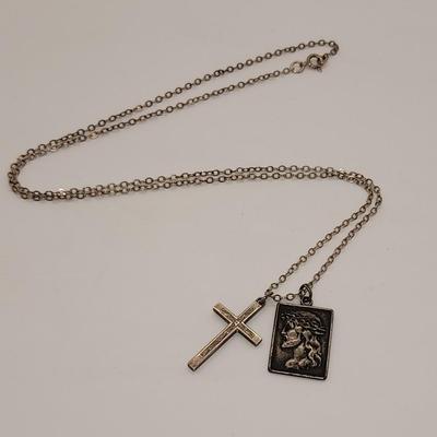 LOT 15:: Vintage Sterling 24"L Chain with Sterling Cross and Unmarked Jesus Jubilee Medal 1933-1934Medal