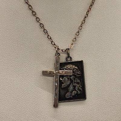 LOT 15:: Vintage Sterling 24"L Chain with Sterling Cross and Unmarked Jesus Jubilee Medal 1933-1934Medal