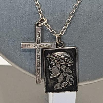LOT 15:: Vintage Sterling 24"L Chain with Sterling Cross and Unmarked Jesus Jubilee Medal 1933-1934Medal