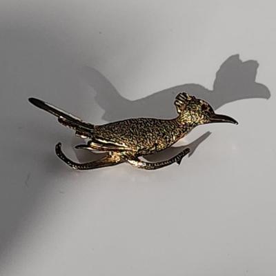 LOT 19:: Vintage Sterling Gold Vermeil Roadrunner Brooch Red Rhinestone Eye and 10k gold fill photo locket on 14k GF 15" L Chain