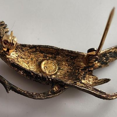 LOT 19:: Vintage Sterling Gold Vermeil Roadrunner Brooch Red Rhinestone Eye and 10k gold fill photo locket on 14k GF 15" L Chain