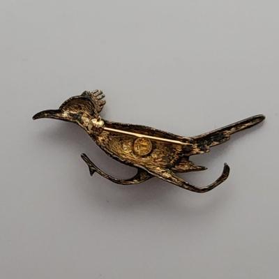 LOT 19:: Vintage Sterling Gold Vermeil Roadrunner Brooch Red Rhinestone Eye and 10k gold fill photo locket on 14k GF 15" L Chain