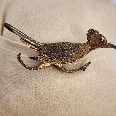 LOT 19:: Vintage Sterling Gold Vermeil Roadrunner Brooch Red Rhinestone Eye and 10k gold fill photo locket on 14k GF 15" L Chain