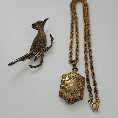 LOT 19:: Vintage Sterling Gold Vermeil Roadrunner Brooch Red Rhinestone Eye and 10k gold fill photo locket on 14k GF 15" L Chain