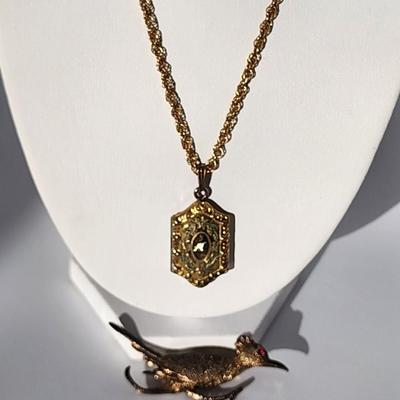 LOT 19:: Vintage Sterling Gold Vermeil Roadrunner Brooch Red Rhinestone Eye and 10k gold fill photo locket on 14k GF 15" L Chain