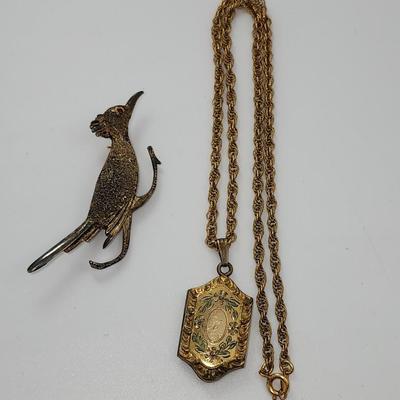 LOT 19:: Vintage Sterling Gold Vermeil Roadrunner Brooch Red Rhinestone Eye and 10k gold fill photo locket on 14k GF 15" L Chain