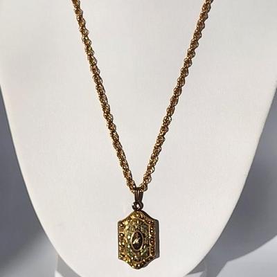 LOT 19:: Vintage Sterling Gold Vermeil Roadrunner Brooch Red Rhinestone Eye and 10k gold fill photo locket on 14k GF 15" L Chain