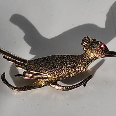 LOT 19:: Vintage Sterling Gold Vermeil Roadrunner Brooch Red Rhinestone Eye and 10k gold fill photo locket on 14k GF 15" L Chain