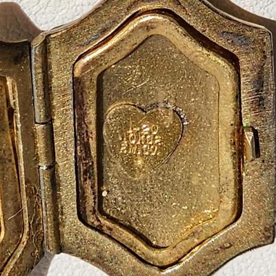 LOT 19:: Vintage Sterling Gold Vermeil Roadrunner Brooch Red Rhinestone Eye and 10k gold fill photo locket on 14k GF 15" L Chain