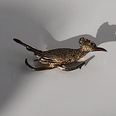 LOT 19:: Vintage Sterling Gold Vermeil Roadrunner Brooch Red Rhinestone Eye and 10k gold fill photo locket on 14k GF 15" L Chain