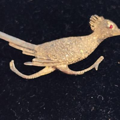 LOT 19:: Vintage Sterling Gold Vermeil Roadrunner Brooch Red Rhinestone Eye and 10k gold fill photo locket on 14k GF 15" L Chain