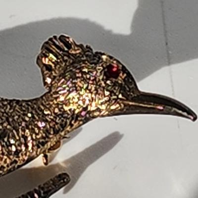 LOT 19:: Vintage Sterling Gold Vermeil Roadrunner Brooch Red Rhinestone Eye and 10k gold fill photo locket on 14k GF 15" L Chain