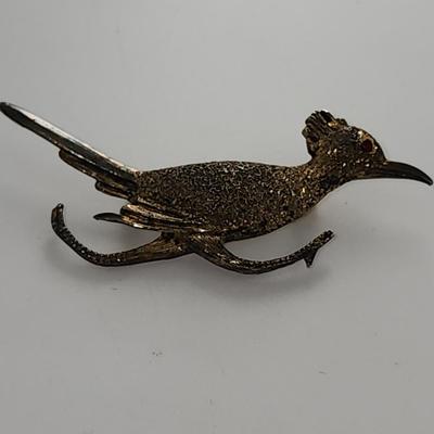 LOT 19:: Vintage Sterling Gold Vermeil Roadrunner Brooch Red Rhinestone Eye and 10k gold fill photo locket on 14k GF 15" L Chain