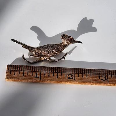 LOT 19:: Vintage Sterling Gold Vermeil Roadrunner Brooch Red Rhinestone Eye and 10k gold fill photo locket on 14k GF 15" L Chain