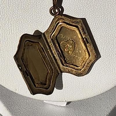 LOT 19:: Vintage Sterling Gold Vermeil Roadrunner Brooch Red Rhinestone Eye and 10k gold fill photo locket on 14k GF 15" L Chain