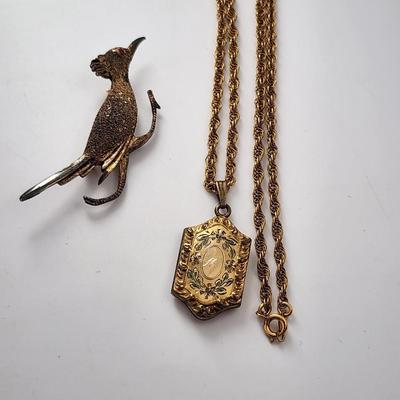 LOT 19:: Vintage Sterling Gold Vermeil Roadrunner Brooch Red Rhinestone Eye and 10k gold fill photo locket on 14k GF 15" L Chain