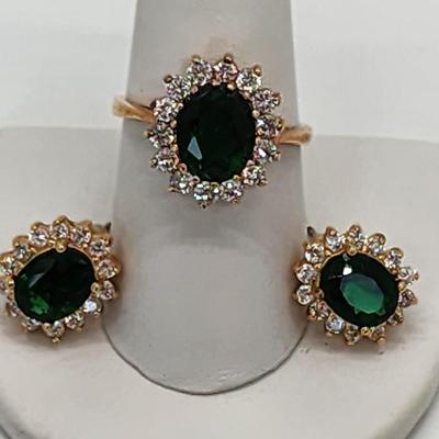 LOT 23:: Gold Vermeil Sterling Silver 925 Green and clear CZ Ring and Matching Pierced Earrings never sz 8.5 worn