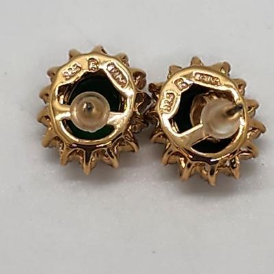 LOT 23:: Gold Vermeil Sterling Silver 925 Green and clear CZ Ring and Matching Pierced Earrings never sz 8.5 worn
