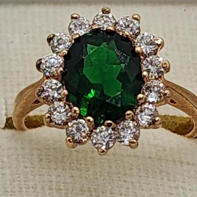 LOT 23:: Gold Vermeil Sterling Silver 925 Green and clear CZ Ring and Matching Pierced Earrings never sz 8.5 worn