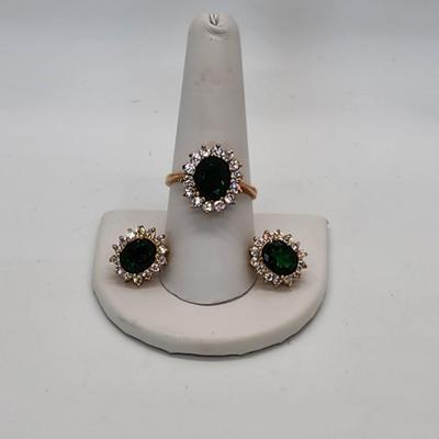 LOT 23:: Gold Vermeil Sterling Silver 925 Green and clear CZ Ring and Matching Pierced Earrings never sz 8.5 worn