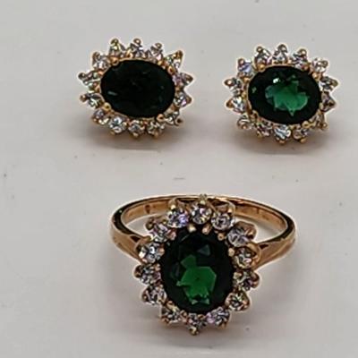 LOT 23:: Gold Vermeil Sterling Silver 925 Green and clear CZ Ring and Matching Pierced Earrings never sz 8.5 worn