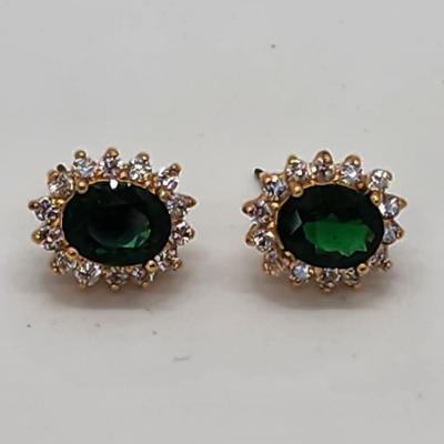 LOT 23:: Gold Vermeil Sterling Silver 925 Green and clear CZ Ring and Matching Pierced Earrings never sz 8.5 worn