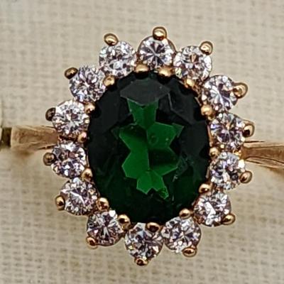 LOT 23:: Gold Vermeil Sterling Silver 925 Green and clear CZ Ring and Matching Pierced Earrings never sz 8.5 worn