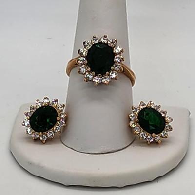 LOT 23:: Gold Vermeil Sterling Silver 925 Green and clear CZ Ring and Matching Pierced Earrings never sz 8.5 worn