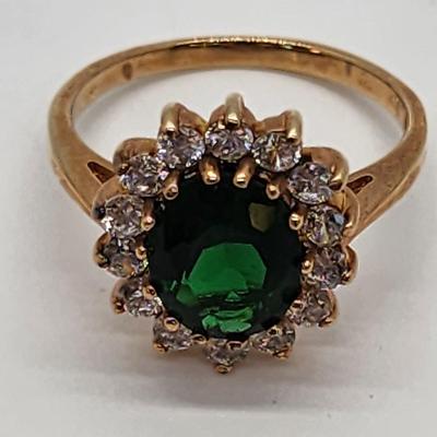 LOT 23:: Gold Vermeil Sterling Silver 925 Green and clear CZ Ring and Matching Pierced Earrings never sz 8.5 worn