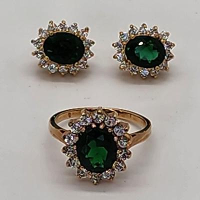LOT 23:: Gold Vermeil Sterling Silver 925 Green and clear CZ Ring and Matching Pierced Earrings never sz 8.5 worn